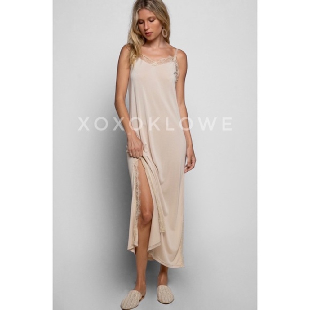 POL Almond Cream Lace Trimmed Maxi Slip Dress